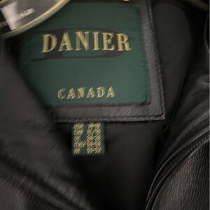Danier Black Leather Bomber Jacket with Gold Logo